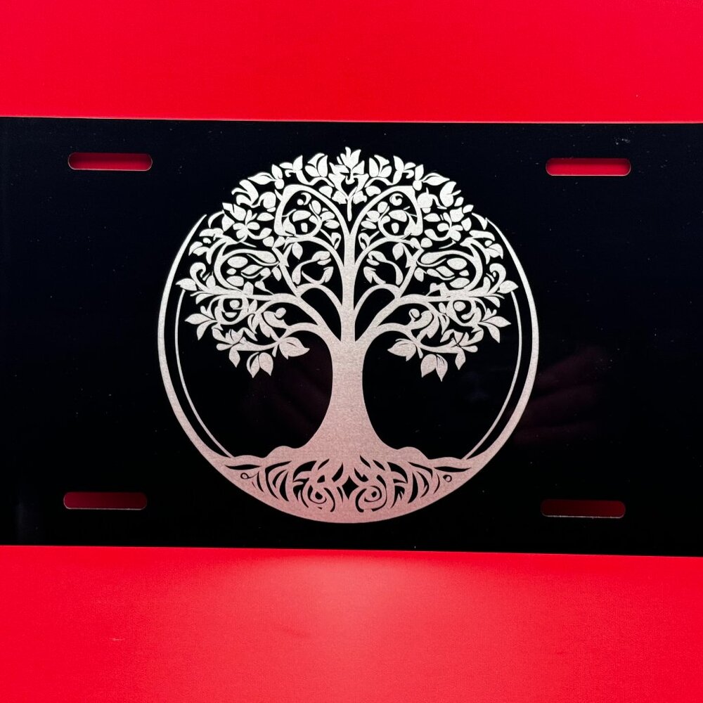 Black Laser engraved tree of life license plate